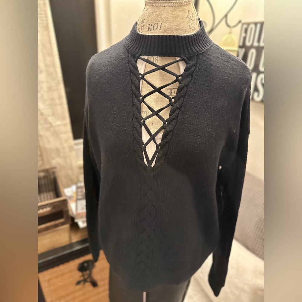 Kendall & Kylie Black Cowl Neck Sweater with Lace-Up Detail